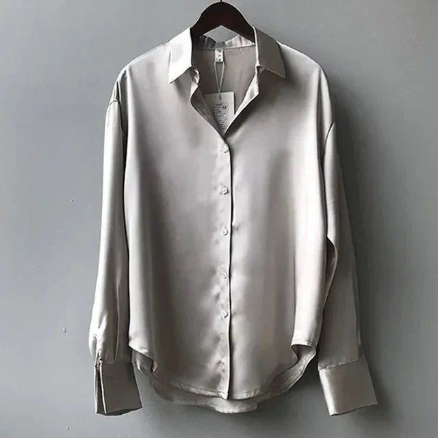 Willow | Women's White Satin Blouse with Classic Button-Down Design 2