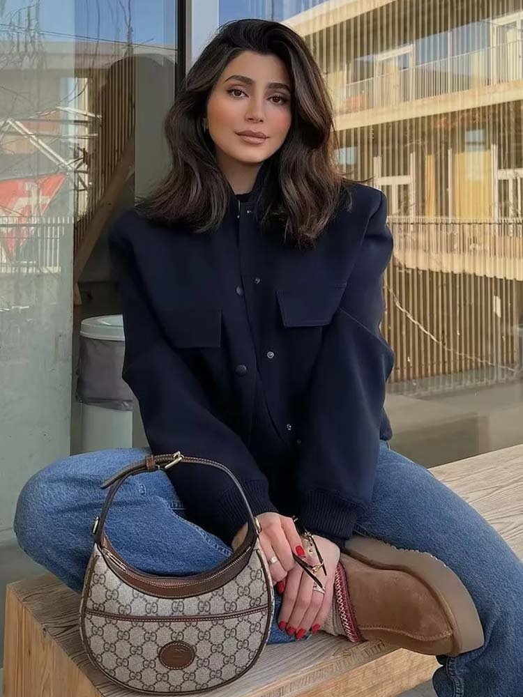 Women’s Cropped Bomber Jacket with Front Lap Pocket