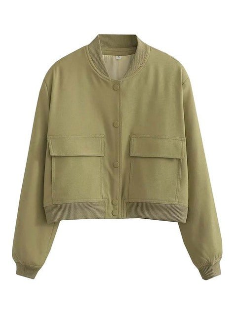 Women’s Cropped Bomber Jacket with Front Lap Pocket