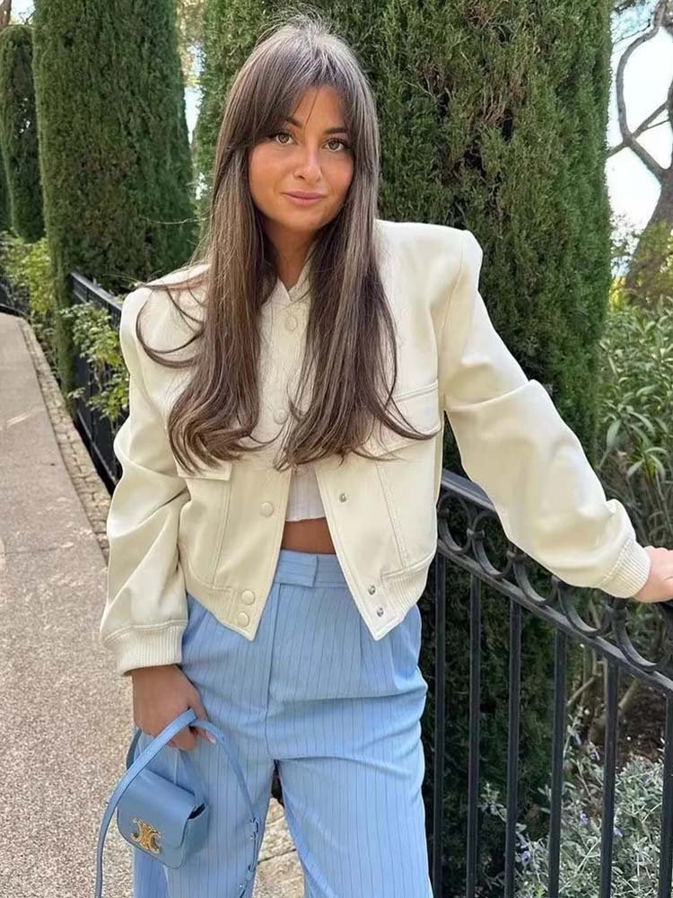 Women’s Cropped Bomber Jacket with Front Lap Pocket