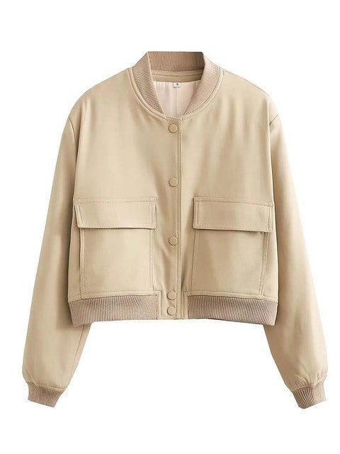 Women’s Cropped Bomber Jacket with Front Lap Pocket