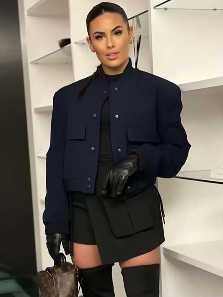 Women’s Cropped Bomber Jacket with Front Lap Pocket