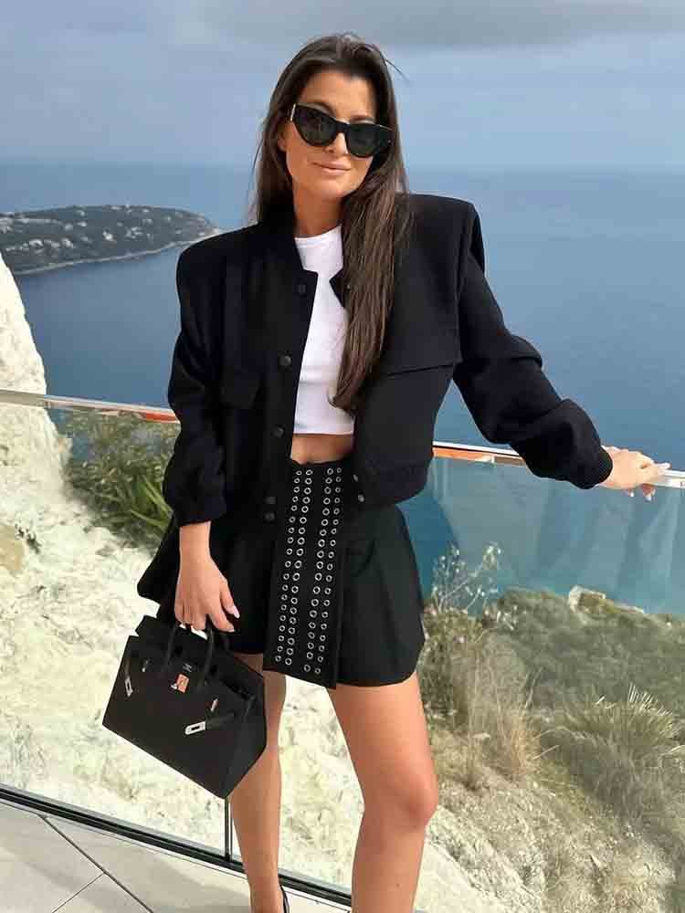 Women’s Cropped Bomber Jacket with Front Lap Pocket