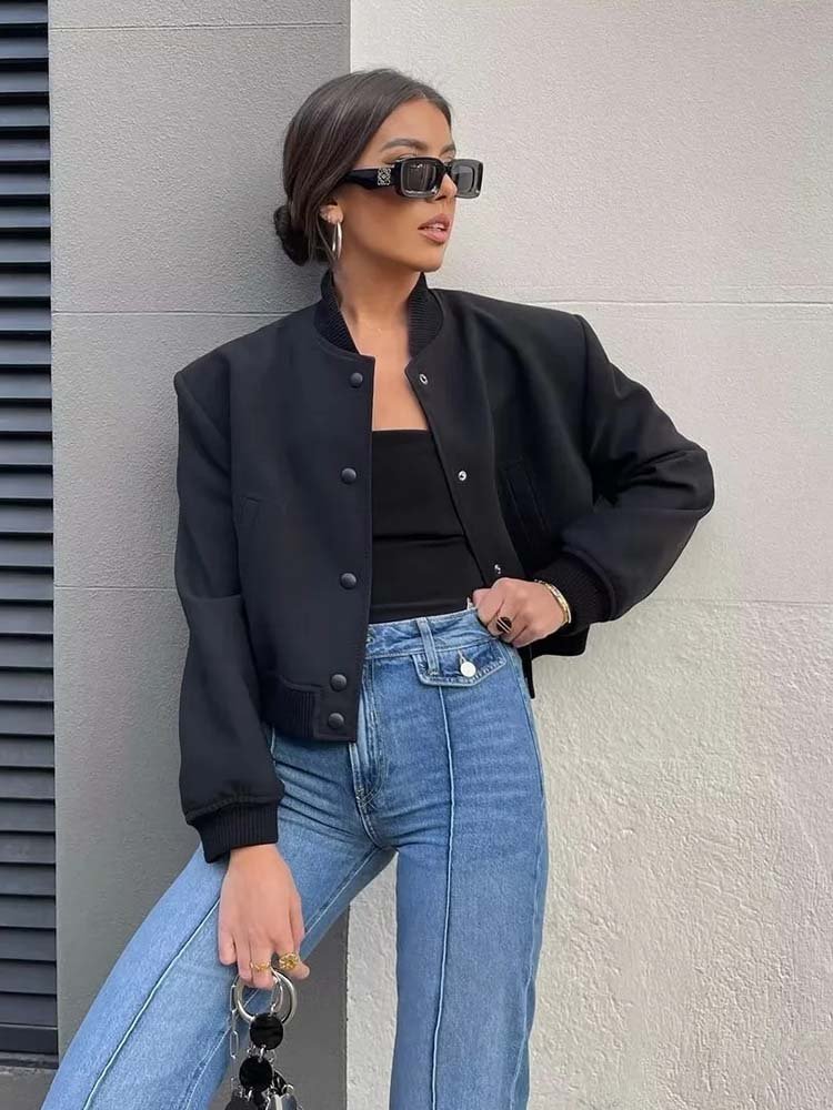 Women’s Cropped Bomber Jacket with Front Lap Pocket