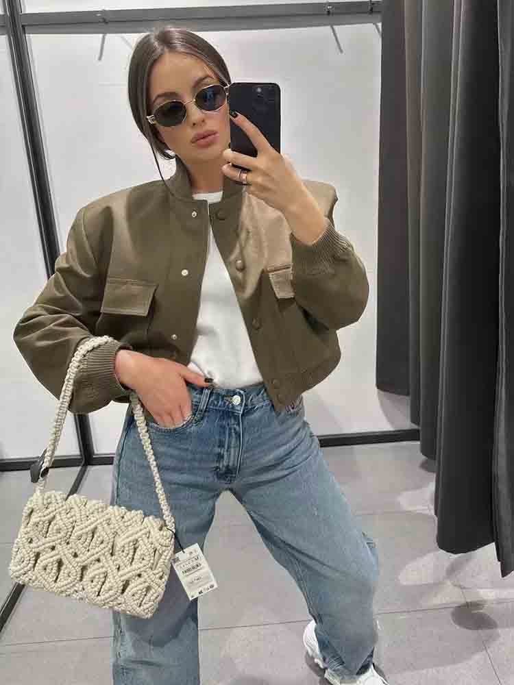 Women’s Cropped Bomber Jacket with Front Lap Pocket
