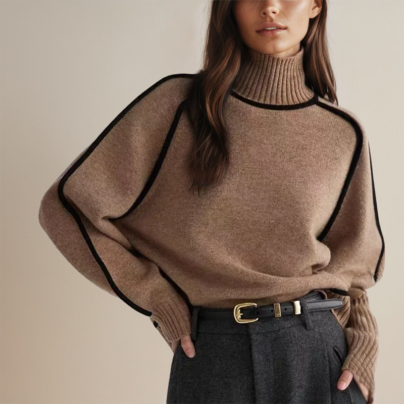 Women’s Oversized Turtleneck Sweater with Contrast Trim