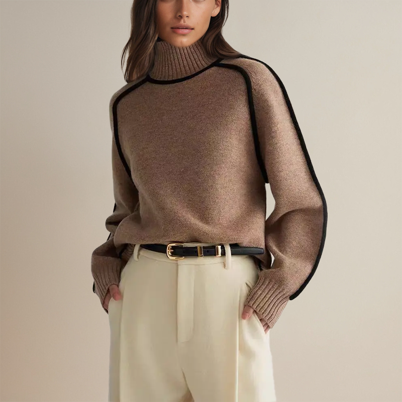 Women’s Oversized Turtleneck Sweater with Contrast Trim