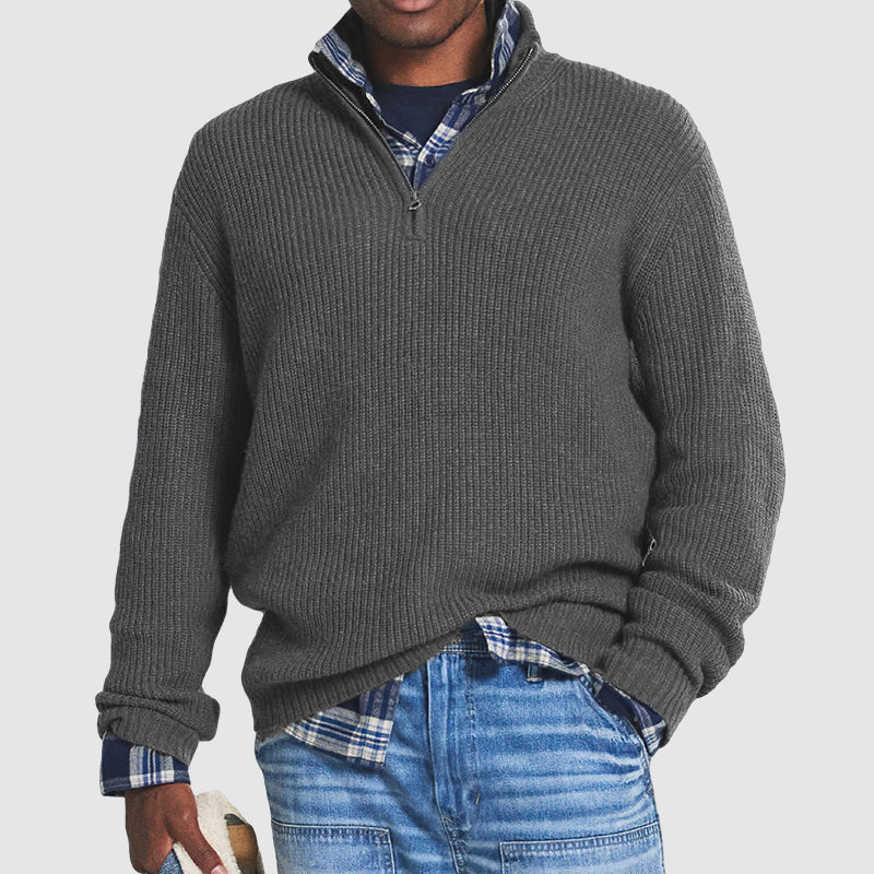 Men’s Ribbed Half-Zip Knit Jumper with Stand Collar