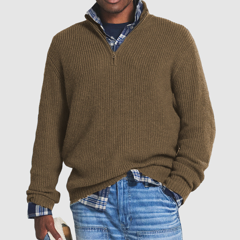 Men’s Ribbed Half-Zip Knit Jumper with Stand Collar