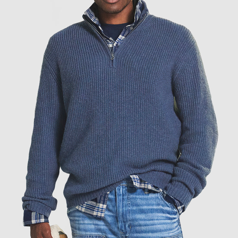 Men’s Ribbed Half-Zip Knit Jumper with Stand Collar