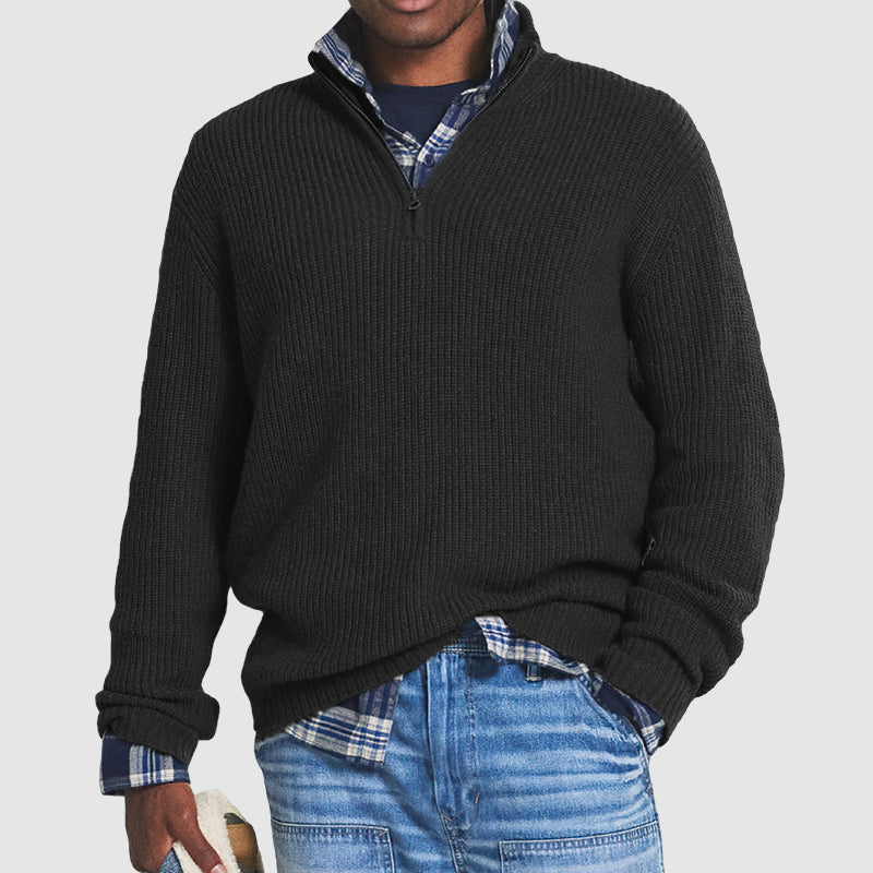 Men’s Ribbed Half-Zip Knit Jumper with Stand Collar